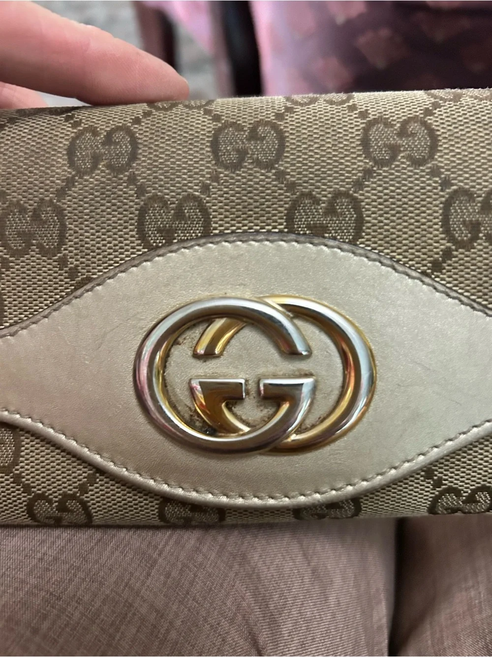 Gucci Beige/Brown GG Monogram Continental Wallet with Double G Hardware